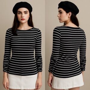 Vince Camuto Black & White Striped Long Sleeve Ruched Top XS Nautical Preppy